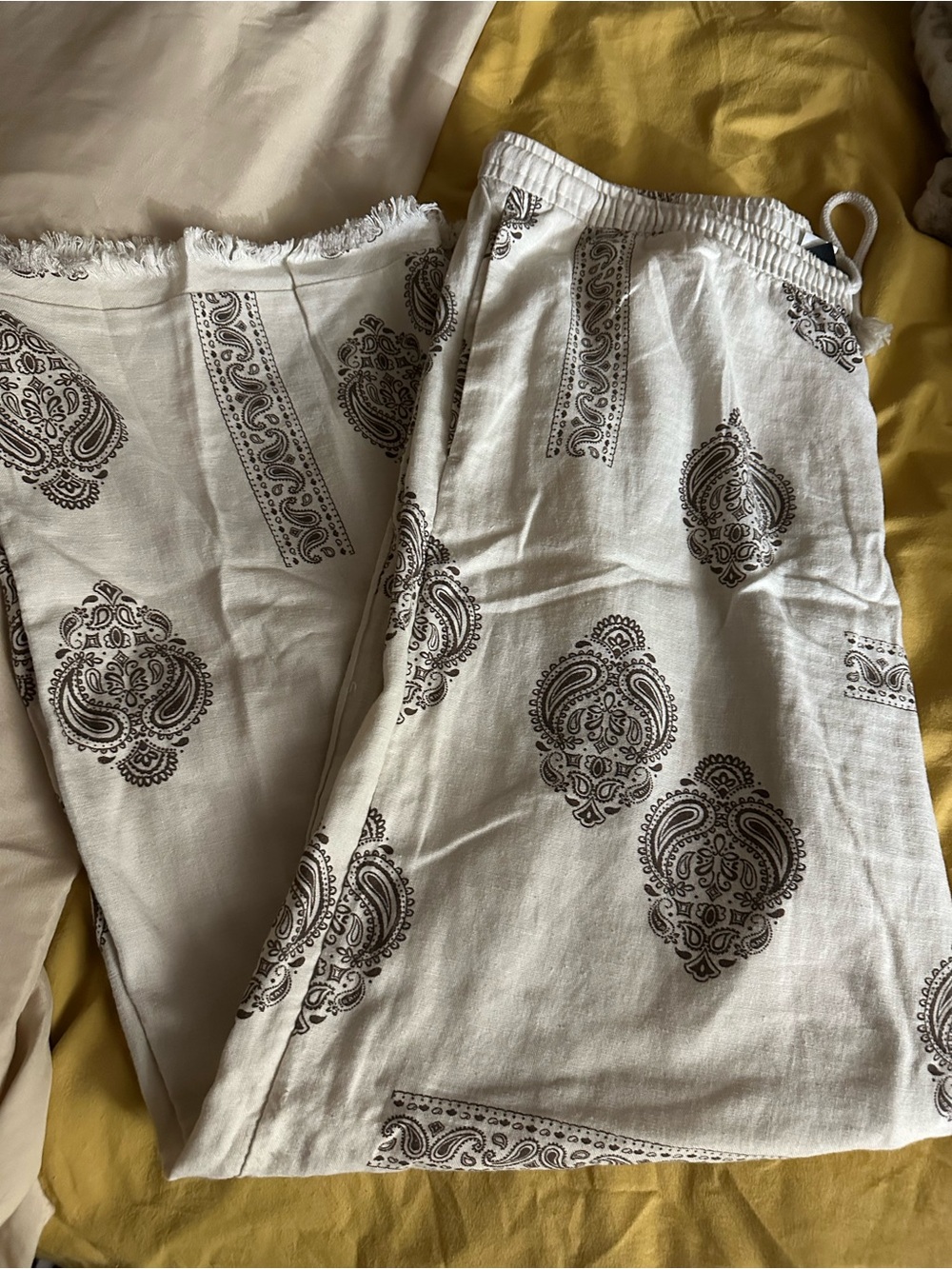 H&M Cream Wide-Leg Pants with Brown Paisley Print